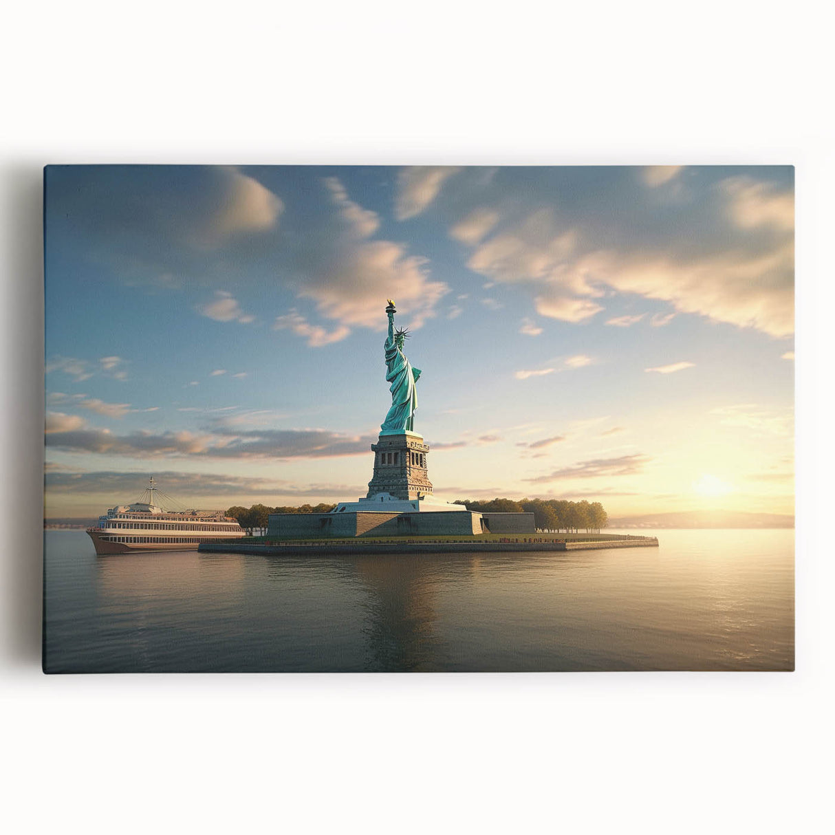 Black and white photo of Ellis Island on stretched canvas, ideal for kitchen wall art.
