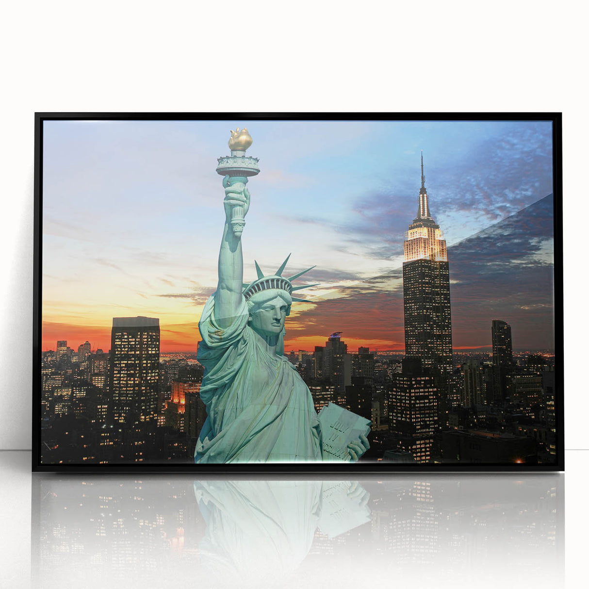 Large abstract wall art depicting the NYC skyline in muted gray and black tones on a framed acrylic print.