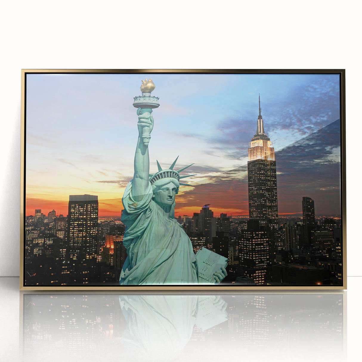 Large art print of NYC Empire State Building in gold tones on acrylic, framed, mid-century modernist style.