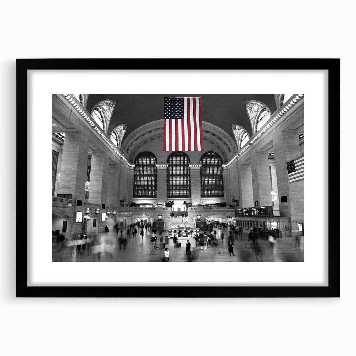 Extra large abstract art print of NYC's Grand Central, featuring vibrant, colorful textures on a framed black mat.