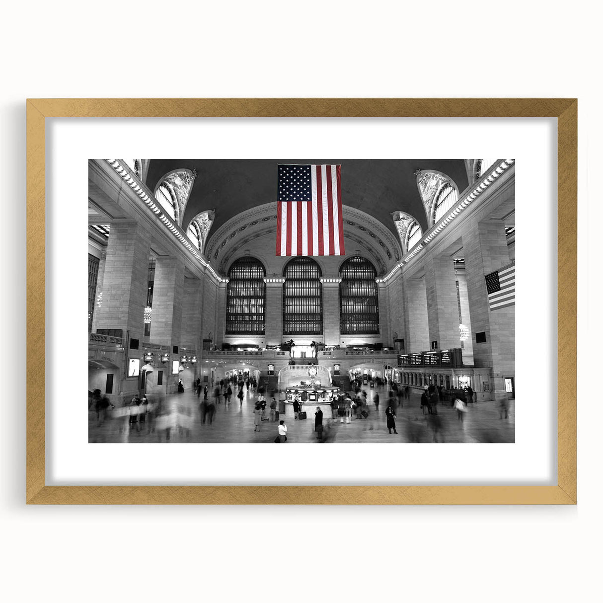 Extra large abstract art print of NYC's Grand Central, in textured gold frame, ideal for living room decor.