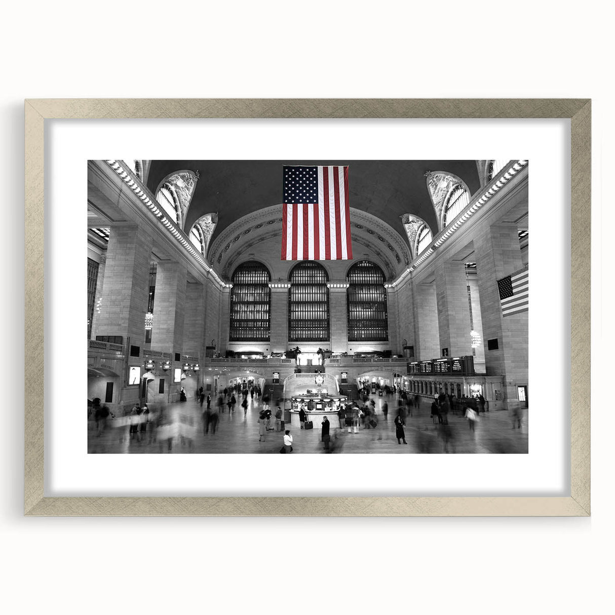 Textured art print of New York City's Grand Central Station in muted grays and blues, framed in silver.