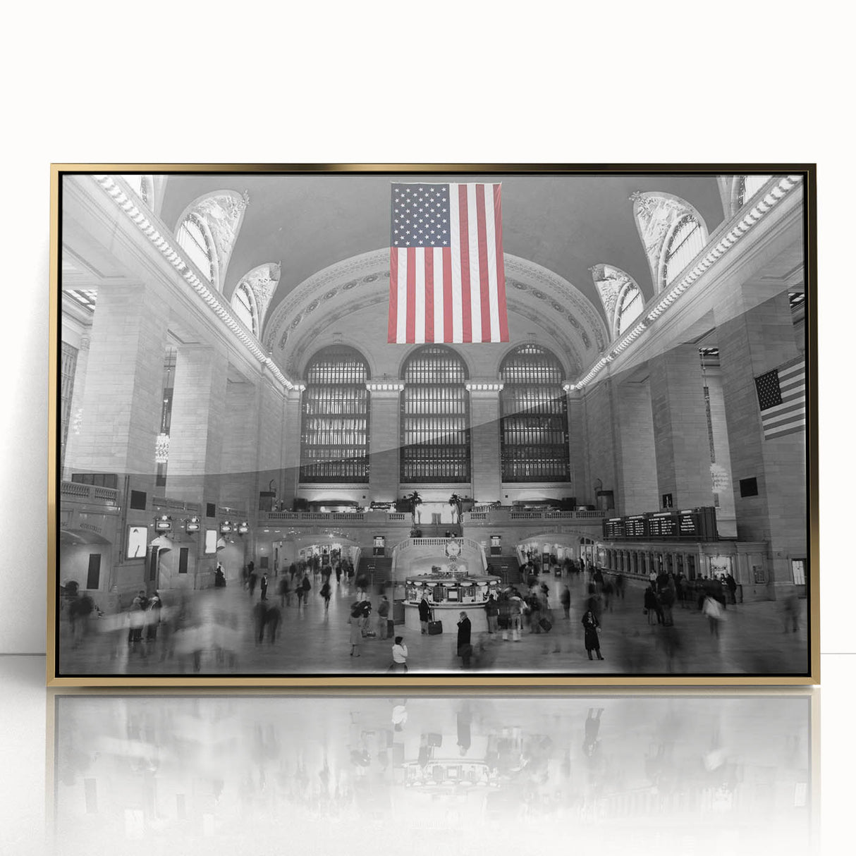 Mid-century modernist New York City Grand Central scene in gold and black tones, acrylic print.