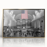 Mid-century modernist New York City Grand Central scene in gold and black tones, acrylic print.
