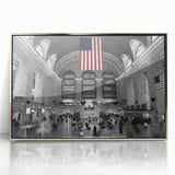 Mid-century modernist art of New York's Grand Central in silver frame, acrylic print, suitable for modern art wall decor.