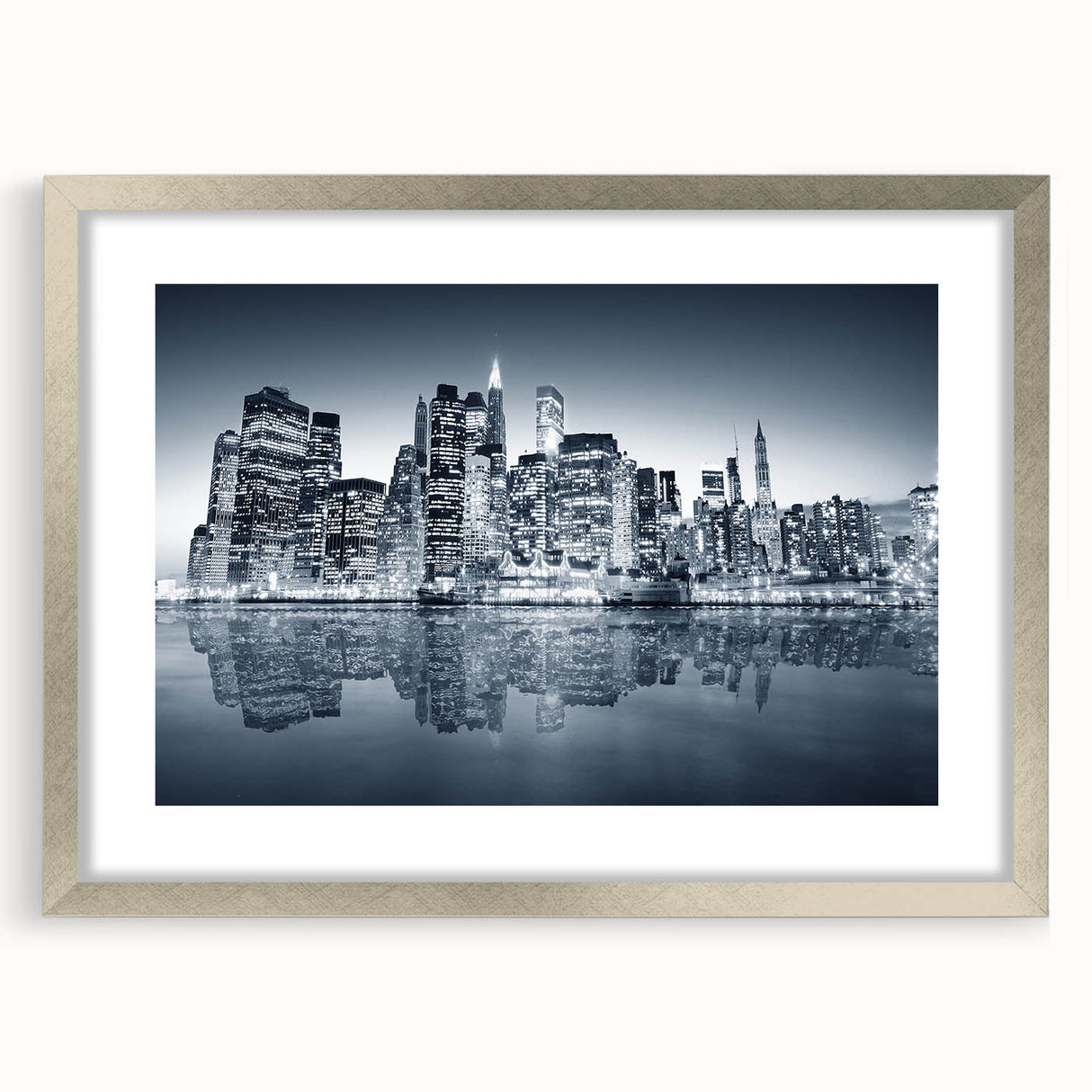 Textured art print of abstract Manhattan skyline in muted gray and silver tones on a framed canvas, ideal for bedroom art.