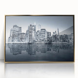 Acrylic print of Manhattan skyline in gold tones, ideal for modern art wall decor.