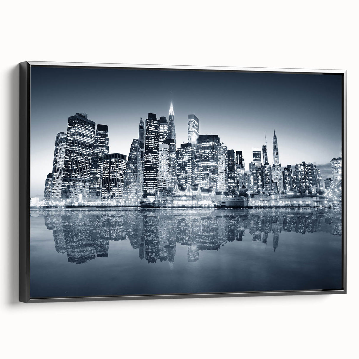 Black and white wall art of Manhattan skyline, framed canvas, ideal for bedroom decor.