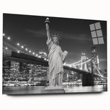 Acrylic print of the Statue of Liberty in muted green and blue tones, suitable for bedroom or dining room art.