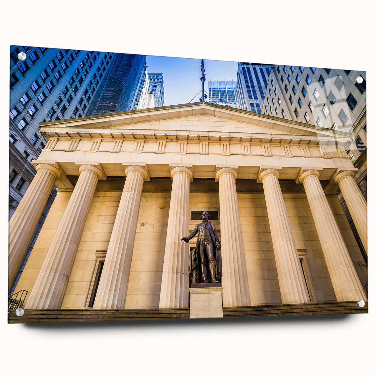 Acrylic print of New York City skyline in muted gray and blue tones, ideal for modern bedroom or dining room decor.