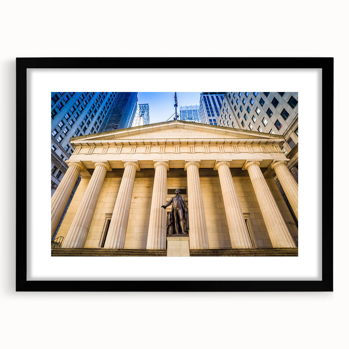 Extra large abstract art print of NYC skyline in vibrant, colorful hues on textured canvas, ideal for living room decor.