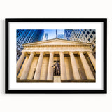Extra large abstract art print of NYC skyline in vibrant, colorful hues on textured canvas, ideal for living room decor.