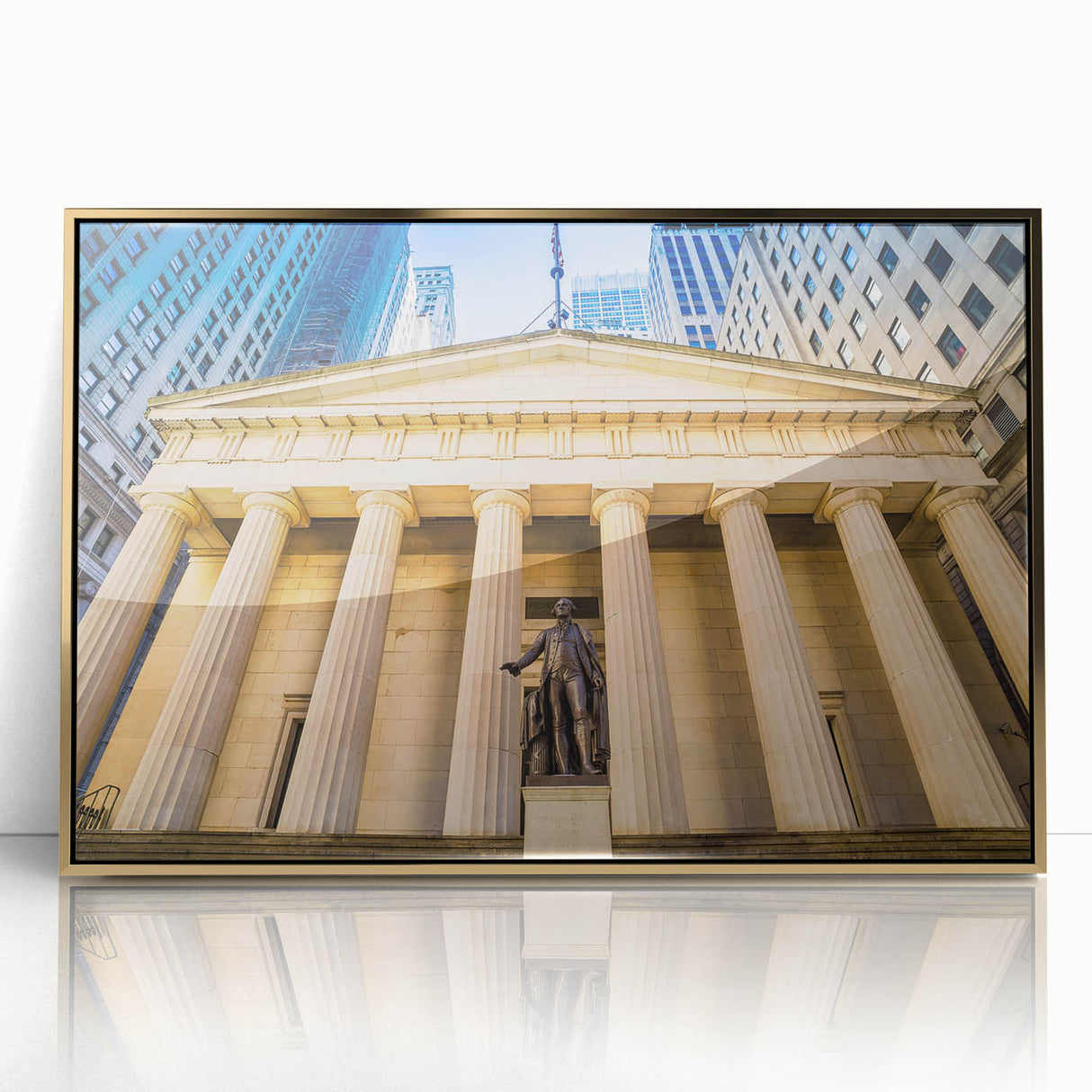 Large art print of New York City skyline in gold and black tones on framed acrylic, suitable for modern art wall decor.