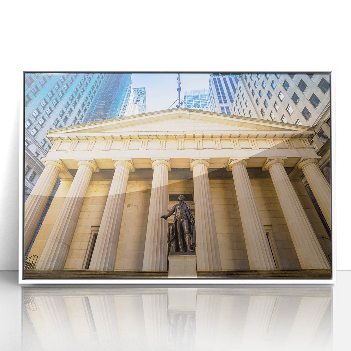 Art deco poster of New York City skyline in monochrome shades on framed acrylic, suitable for modern art wall decor.
