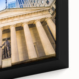 Extra large framed canvas of New York City skyline in black with colorful, textured highlights, ideal for living room decor.