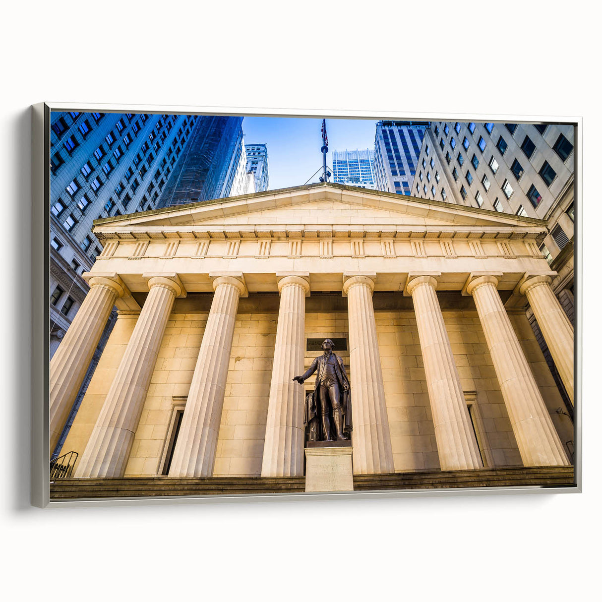 Framed canvas featuring a vintage poster of the NYC skyline in black with colorful accents, ideal for office decor.