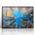 Large abstract wall art of NYC Times Square in mid-century modernist style, acrylic print framed in black.