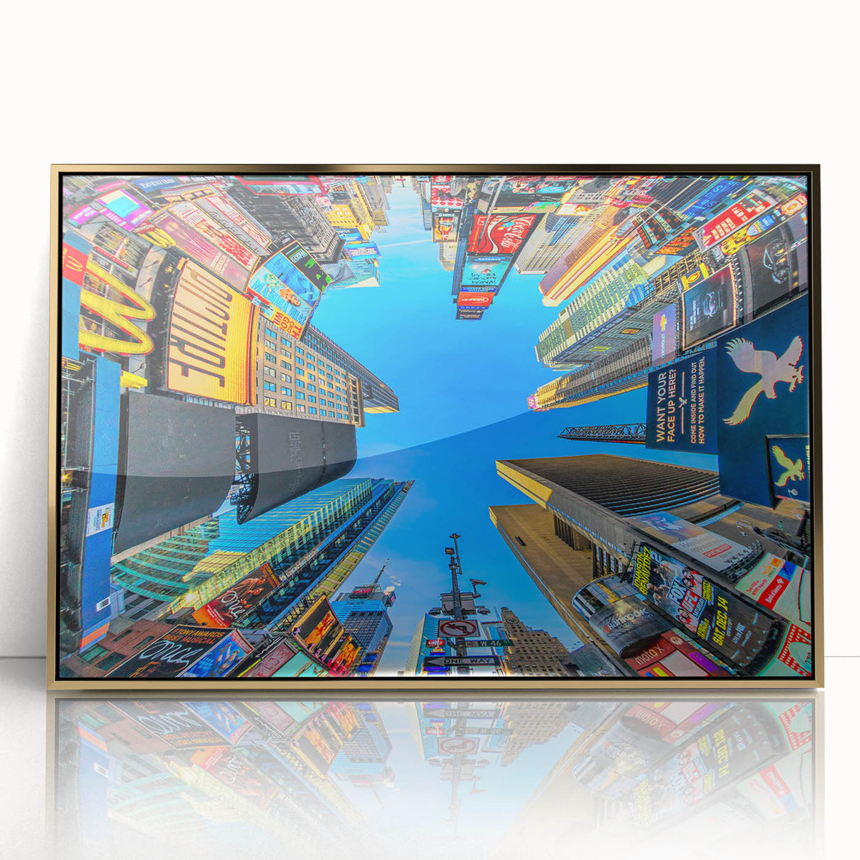Acrylic print of Times Square with vivid colors and mid-century modernist style, ideal for modern art wall decor.