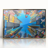 Acrylic print of Times Square with vivid colors and mid-century modernist style, ideal for modern art wall decor.