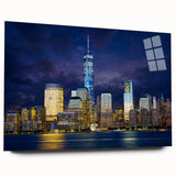 Acrylic print of New York City skyline featuring the Trade Center, in muted gray and blue tones.