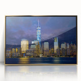 Acrylic print of NYC skyline featuring the Trade Center in gold and black tones, ideal for modern art wall decor.