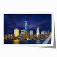 Rolled print of New York City skyline with Twin Towers, in muted blue shades, ideal for art wall dining room.