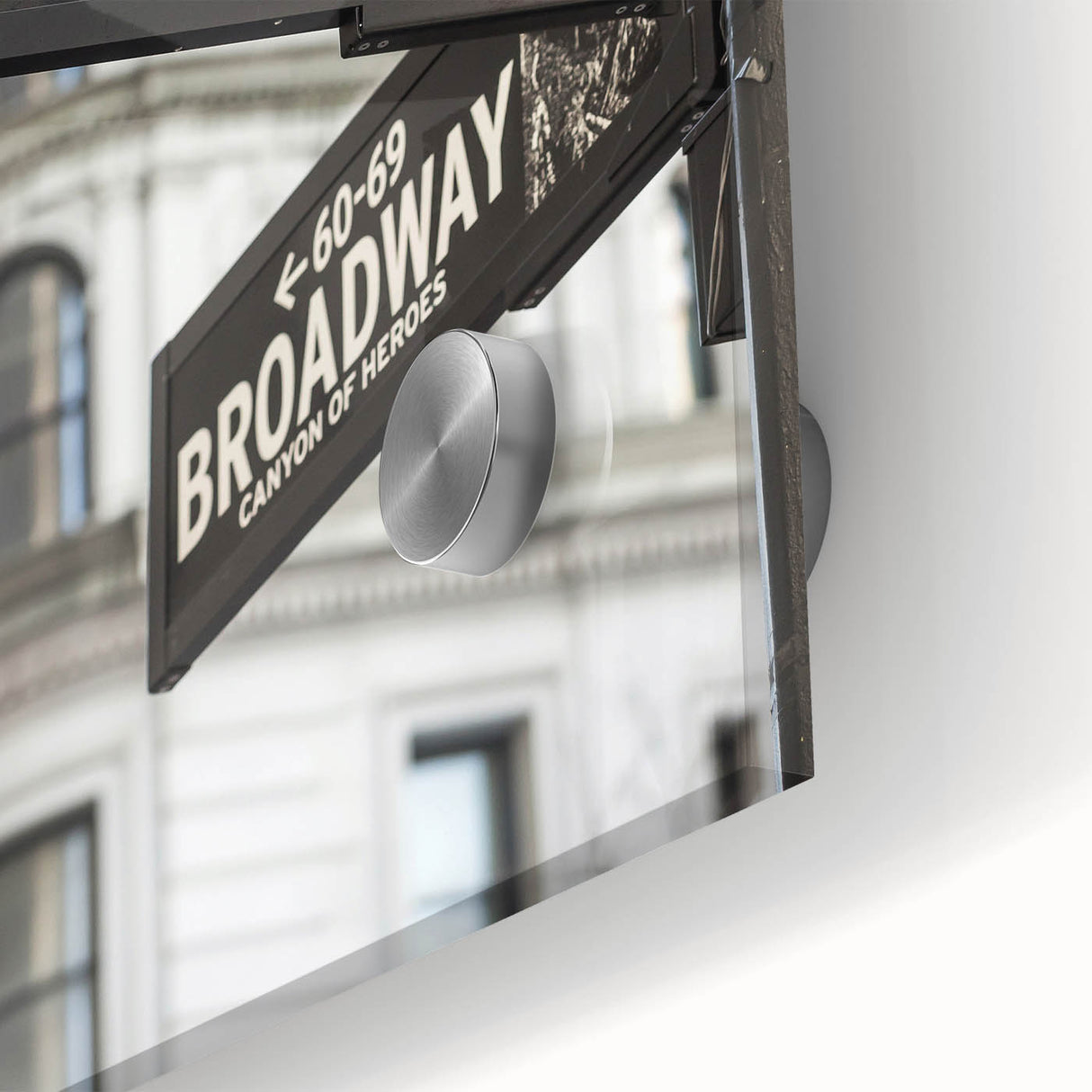 Large abstract depiction of NYC's Wall Street in muted gray tones on acrylic glass, ideal for dining room art.