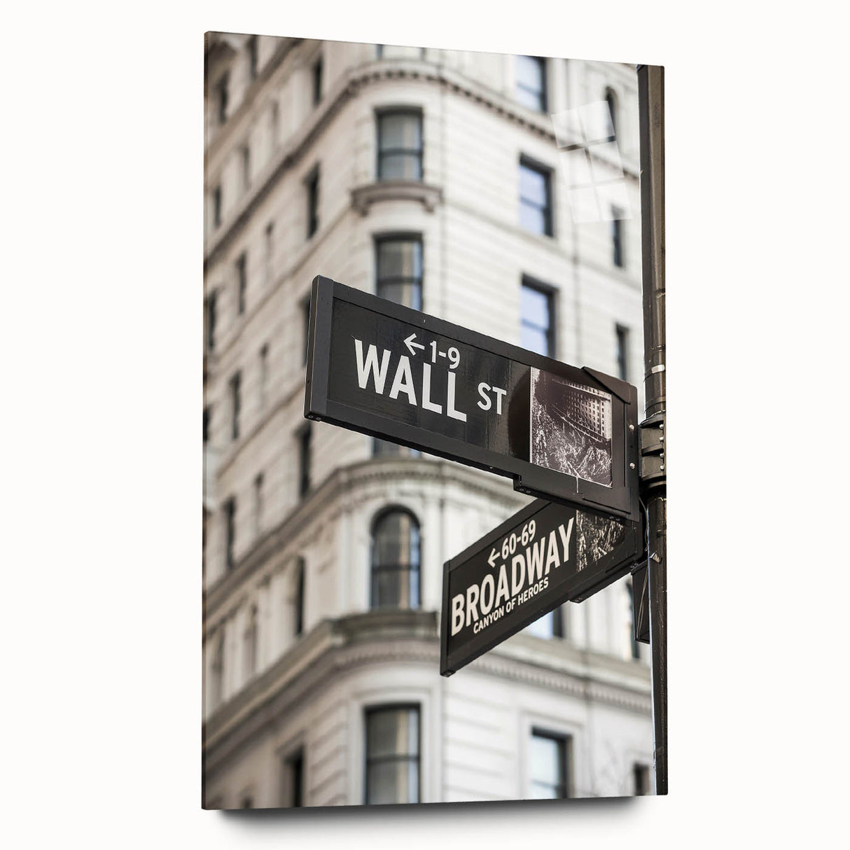 Acrylic print of a large abstract depiction of NYC's Wall Street in muted gray and blue tones.