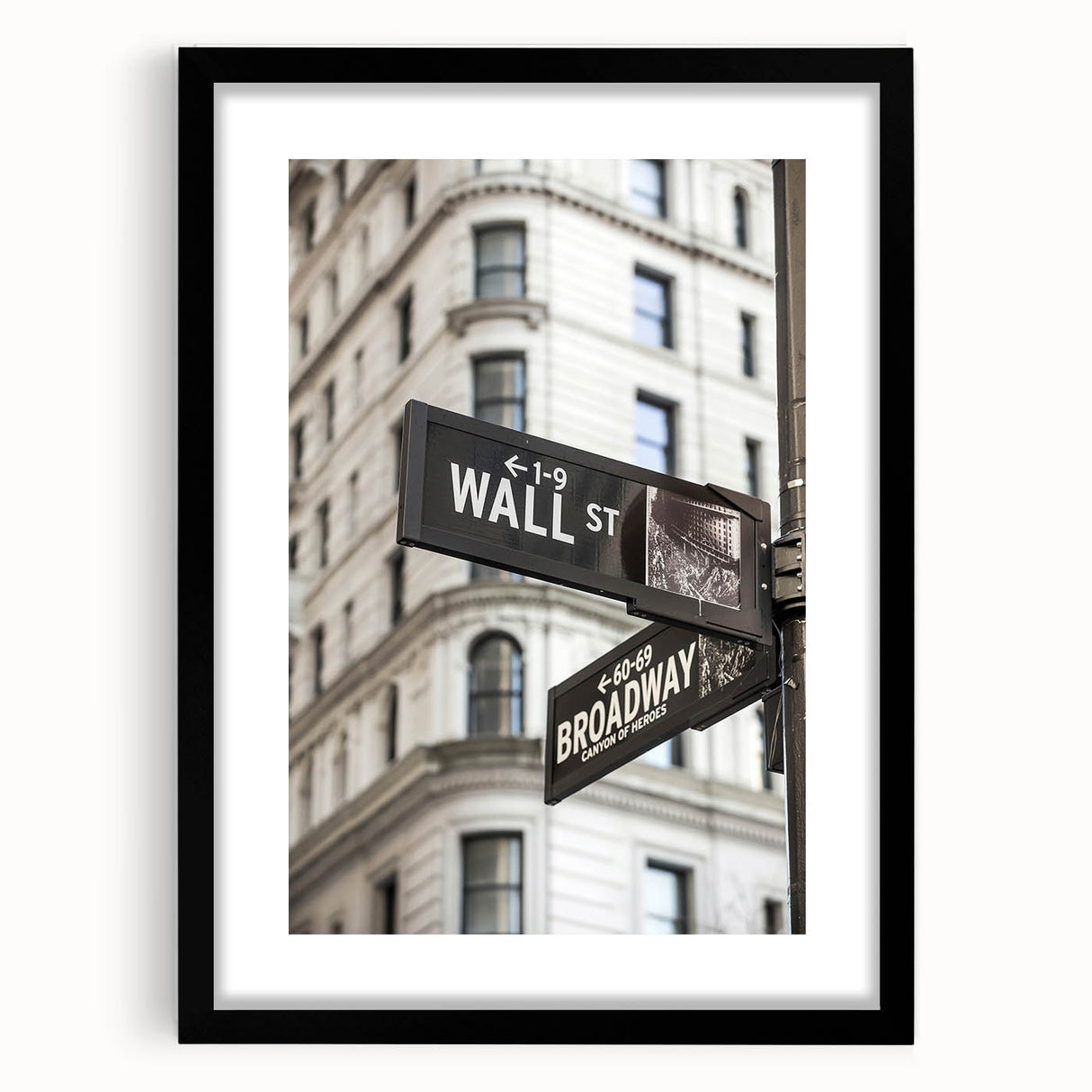 Abstract art print of NYC Wall Street in vibrant colors on a large textured canvas, framed in black.