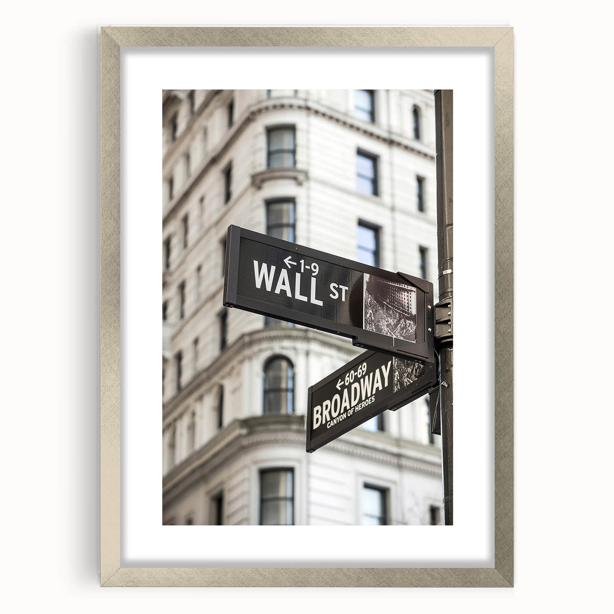 Textured abstract art print of NYC's Wall Street in muted gray tones on a framed silver mat, suitable for bedroom decor.