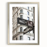 Textured abstract art print of NYC's Wall Street in muted gray tones on a framed silver mat, suitable for bedroom decor.