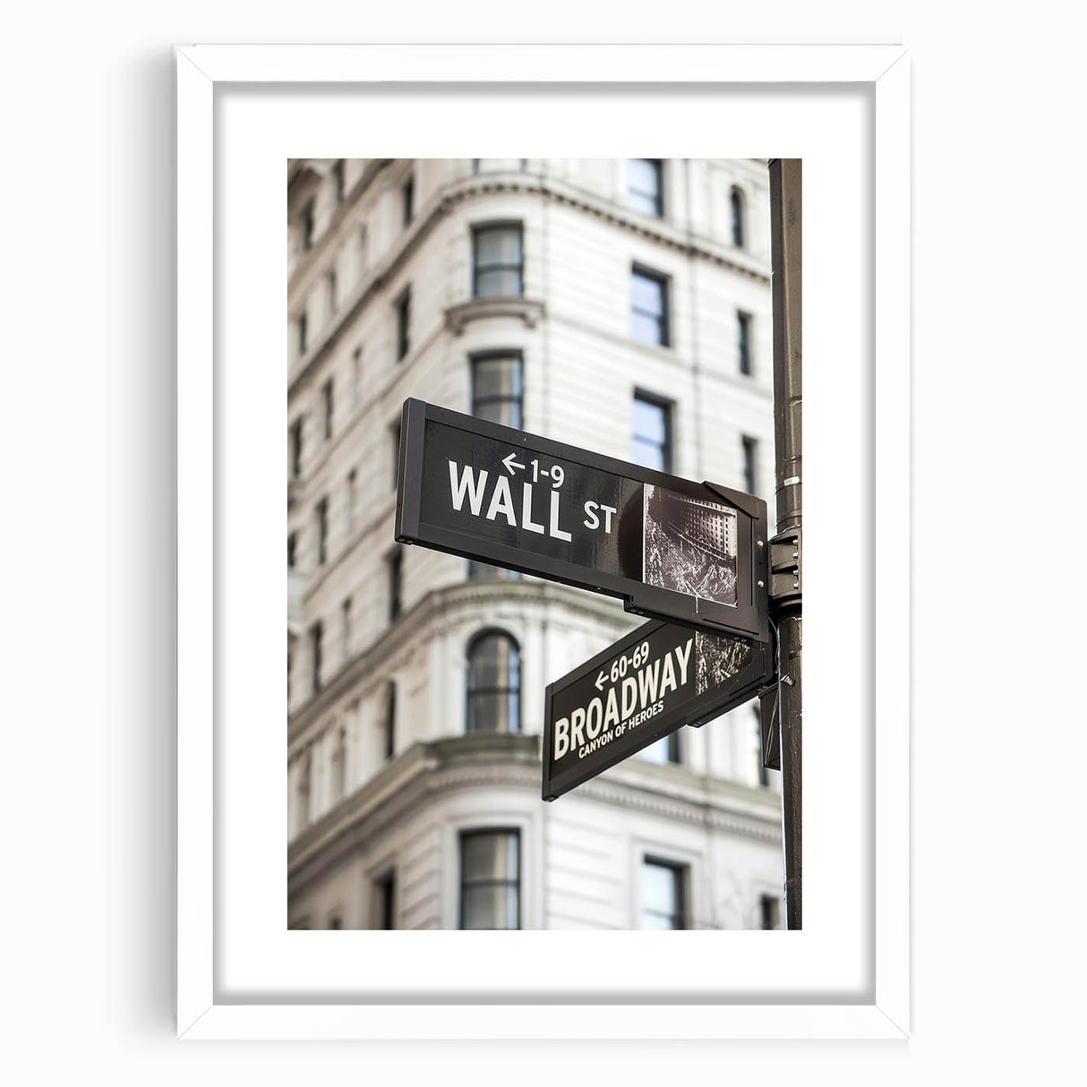 Abstract art print of the NYC Wall Street scene in muted gray and blue tones on a white-framed poster.