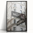 Large abstract wall art depicting the New York City Wall Street scene in black and white tones, framed in acrylic.