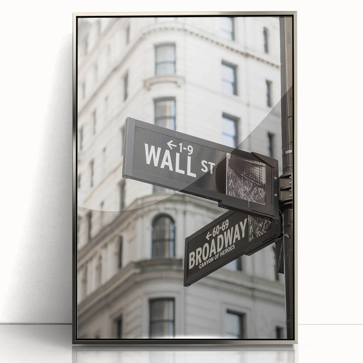 Mid-century modernist art depicting Wall Street with muted gray and blue tones on a framed acrylic print.