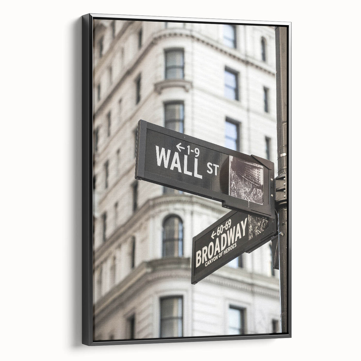 Black and white landscape art of Wall Street on framed canvas, suited for bedroom wall decor in a vintage poster style.