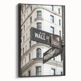 Black and white landscape art of Wall Street on framed canvas, suited for bedroom wall decor in a vintage poster style.