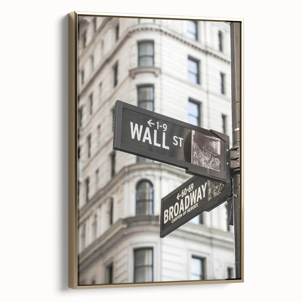 Framed canvas of vintage-style New York City Wall Street scene in muted gold and black tones, suitable for bedroom wall art.