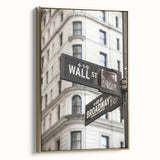 Framed canvas of vintage-style New York City Wall Street scene in muted gold and black tones, suitable for bedroom wall art.