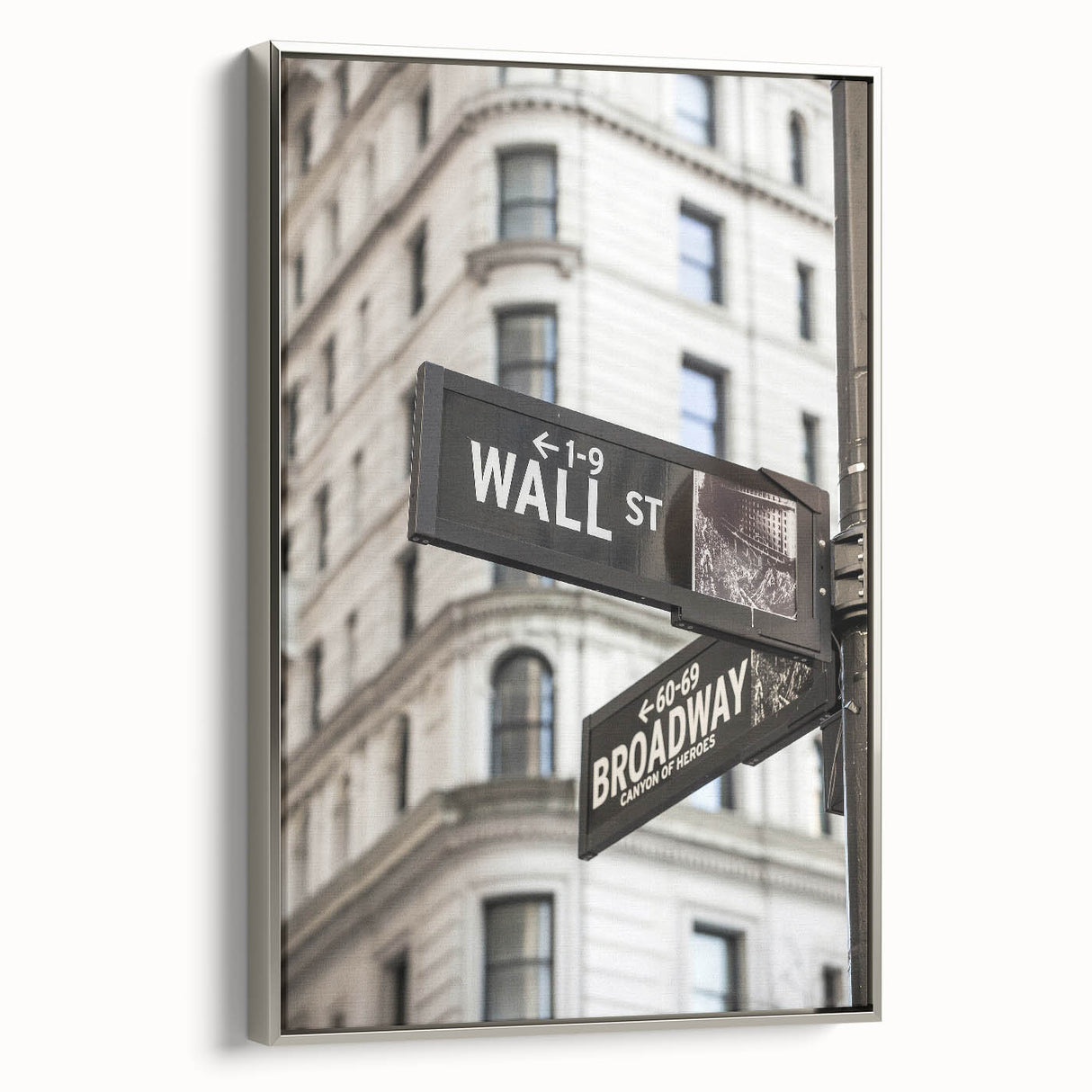 Framed canvas landscape art painting of Wall Street, featuring a vintage poster style with a black and colorful palette.