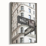 Framed canvas landscape art painting of Wall Street, featuring a vintage poster style with a black and colorful palette.