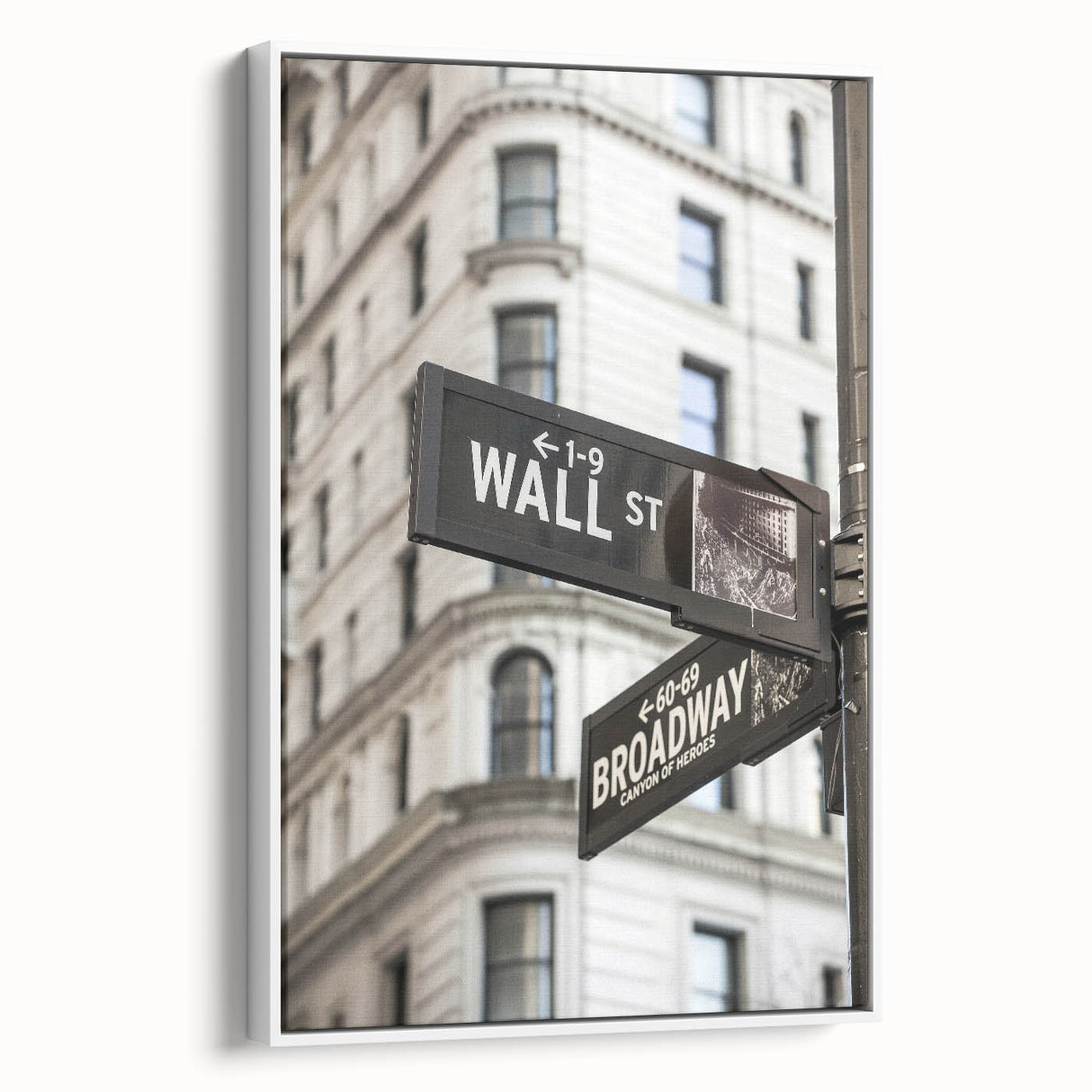 Vintage poster art of NYC's Wall Street in colorful tones on a large framed canvas, ideal for living room decor.