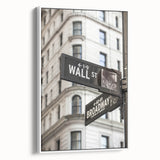 Vintage poster art of NYC's Wall Street in colorful tones on a large framed canvas, ideal for living room decor.