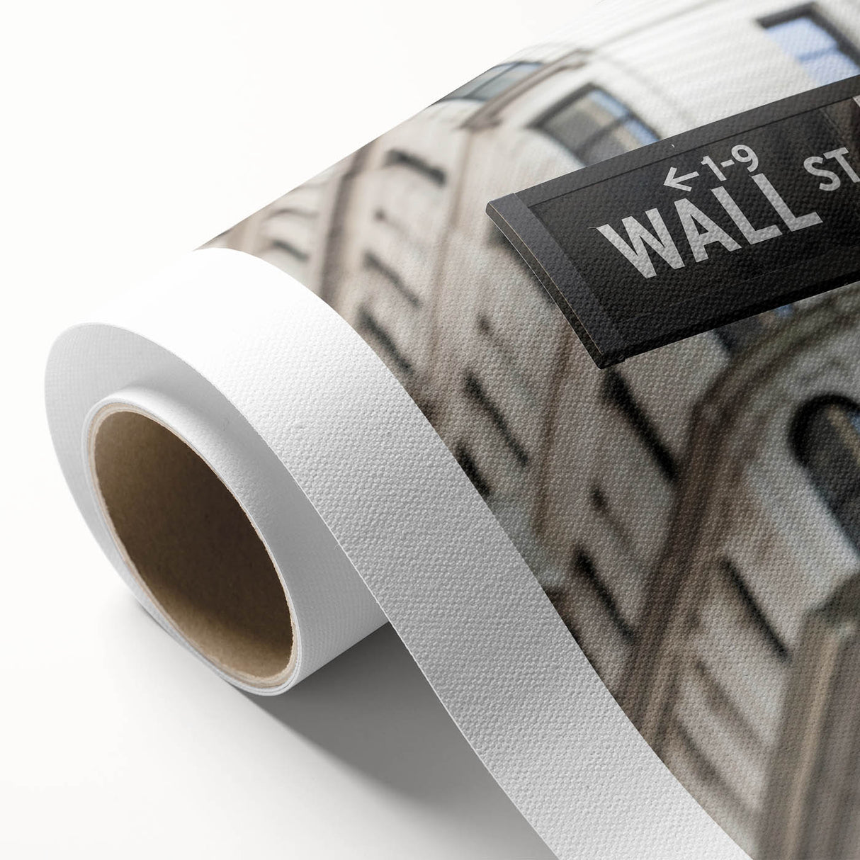 Art deco poster of New York City's Wall Street in black and white tones on rolled canvas.