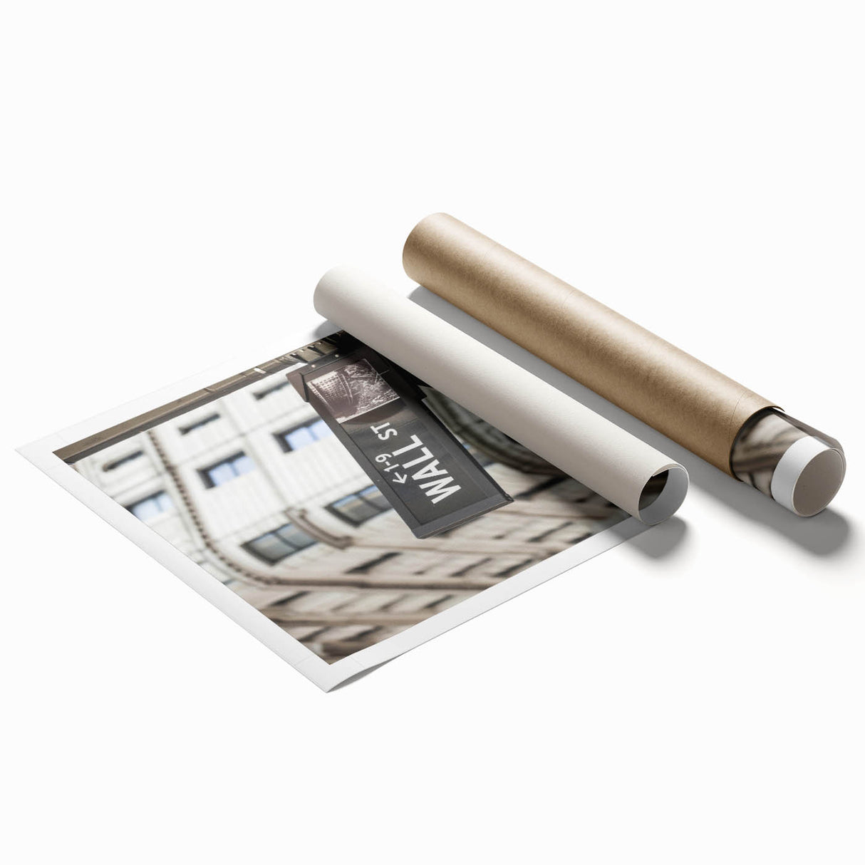 Rolled print of New York City's Wall Street scene in muted gray tones, ideal for classy bathroom wall art.