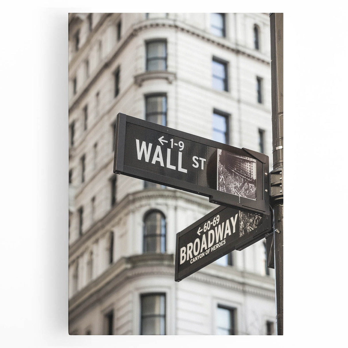 Black and white stretched canvas of Wall Street scene, ideal for kitchen wall art.