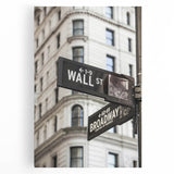 Black and white stretched canvas of Wall Street scene, ideal for kitchen wall art.