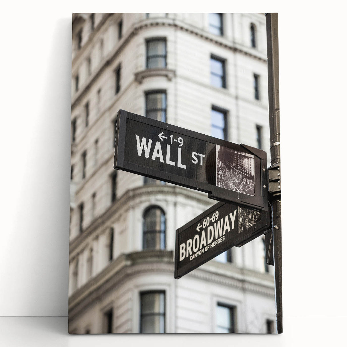 Black and white photograph of Wall Street on stretched canvas, ideal for kitchen wall art or bedroom ambiance.