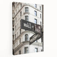 New York City's Wall Street scene on large stretched canvas, featuring gray and blue tones, suitable for kitchen wall decor.