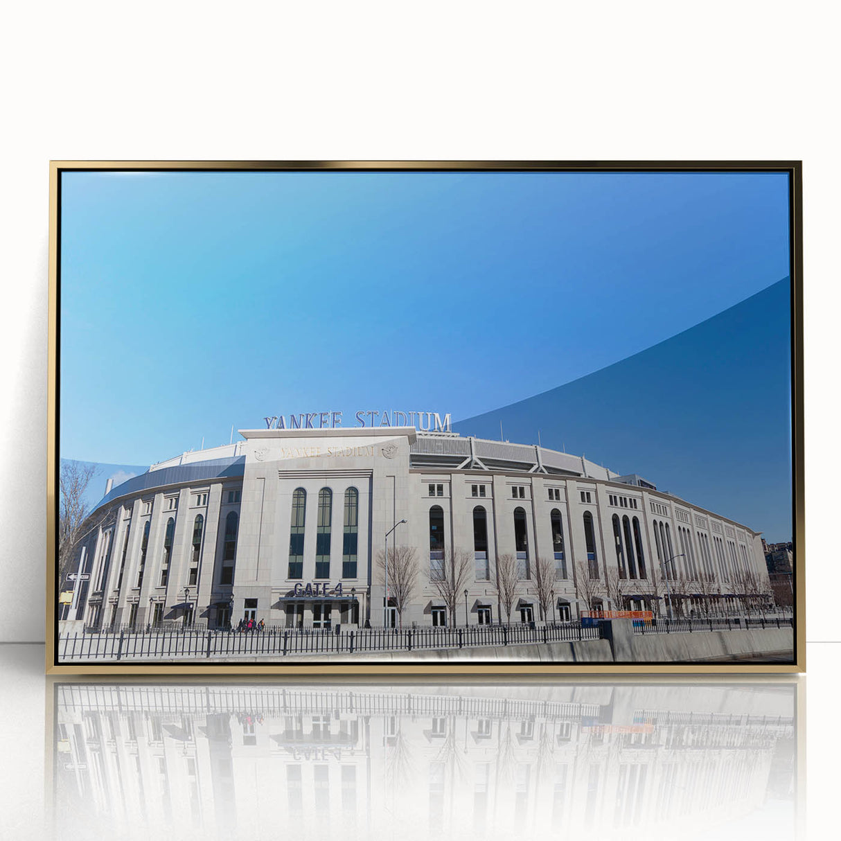 Acrylic print of New York City skyline with gold accents on a framed canvas, suitable for modern art wall decor.