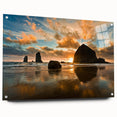 Acrylic print of Cannon Beach, Oregon, with soft blue and gray tones, ideal for bedroom or dining room decor.